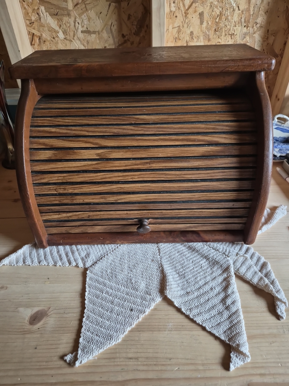 Vintage Wooden Roll-Top Bread Box in Warm Brown
